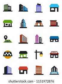 Color and black flat icon set - taxi vector, shop, office building, garden light, navigation, store, city house, cafe, storefront