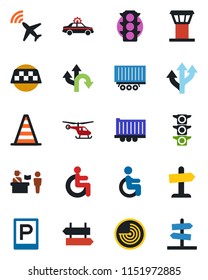 Color and black flat icon set - airport tower vector, plane radar, taxi, parking, passport control, signpost, alarm car, border cone, helicopter, disabled, route, traffic light, truck trailer
