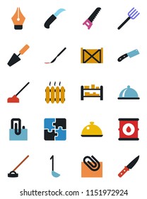 Color and black flat icon set - trowel vector, farm fork, saw, hoe, garden knife, scalpel, container, oil barrel, rack, application, paper clip, ink pen, heater, dish, ladle