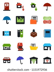 Color and black flat icon set - automatic door vector, umbrella, shop, medical room, store, package, scanner, copybook, document folder, book, open close, home control, garage gate