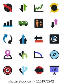 Color and black flat icon set - elevator vector, signpost, left arrow, crisis graph, route, navigation, sorting, update, data exchange, compass, moving, target, up, growth, presentation