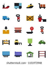 Color and black flat icon set - railroad vector, sea shipping, truck trailer, car delivery, port, container, consolidated cargo, fragile, no hook, warehouse, package, heavy scales, rack