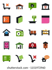 Color and black flat icon set - safe vector, checkroom, bird house, doctor case, cargo, warehouse storage, no trolley, heavy scales, rack, radio, blank box, archive, garage gate control