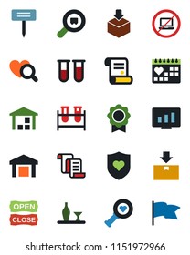 Color and black flat icon set - no laptop vector, contract, statistic monitor, plant label, blood test vial, heart diagnostic, shield, medical calendar, warehouse, package, search cargo, sertificate