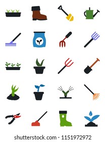 Color and black flat icon set - job vector, garden fork, shovel, farm, rake, seedling, watering can, sproute, pruner, boot, hoe, fertilizer, irrigation