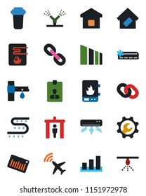 Color and black flat icon set - plane radar vector, security gate, identity card, drip irrigation, sorting, barcode, chain, root setup, air conditioner, smart home, water heater, filter, sprinkler