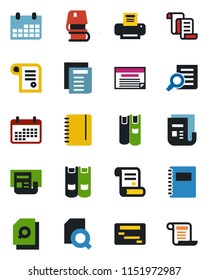 Color and black flat icon set - contract vector, book, document search, notepad, calendar, news, copybook, printer, schedule
