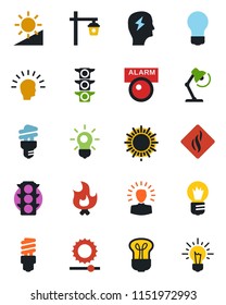 Color and black flat icon set - sun vector, brainstorm, bulb, fire, garden light, traffic, brightness, desk lamp, smoke detector, energy saving, alarm led, shining head, idea