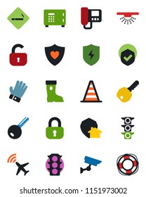 Color and black flat icon set - plane radar vector, smoking place, border cone, safe, glove, boot, heart shield, traffic light, protect, key, lock, intercome, home, surveillance, sprinkler