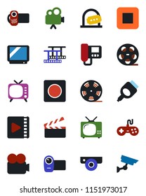 Color and black flat icon set - ticket office vector, clapboard, film frame, reel, tv, gamepad, video camera, stop button, hdmi, record, web, intercome, surveillance