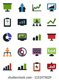 Color and black flat icon set - hierarchy vector, presentation board, statistic monitor, circle chart, pulse, clipboard, statistics, bar graph, point, arrow up, growth