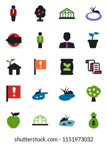 Color and black flat icon set - left arrow vector, manager, contract, seedling, greenhouse, pond, fertilizer, important flag, fruit tree, estate agent, apple, eco house, money bag