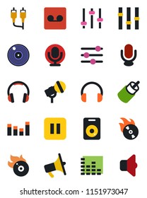 Color and black flat icon set - vinyl vector, flame disk, microphone, loudspeaker, settings, equalizer, headphones, speaker, pause button, rca, tuning, record, sound