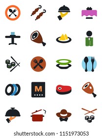 Color and black flat icon set - spoon and fork vector, waiter, restaurant table, serviette, cafe, menu, plates, dress code, steak, kebab, ham, steaming pan, sushi