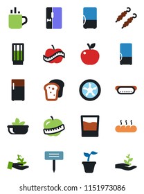 Color and black flat icon set - hot cup vector, seedling, plant label, diet, fridge, drink, salad, bread, kebab, dog, apple fruit, fan, palm sproute