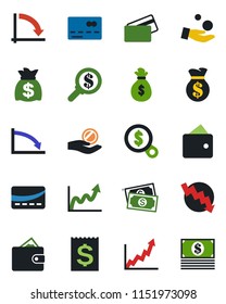 Color and black flat icon set - credit card vector, money bag, crisis graph, cash, receipt, wallet, growth, search, investment
