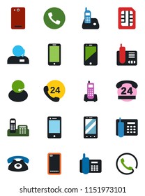Color and black flat icon set - phone vector, mobile, office, 24 hours, support, cell, radio, back, sim