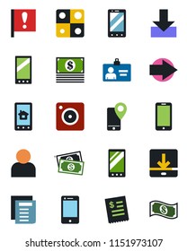 Color and black flat icon set - right arrow vector, mobile phone, identity card, document, important flag, cash, tracking, cell, camera, user, download, application, restaurant receipt