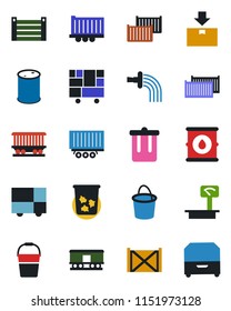 Color and black flat icon set - trash bin vector, bucket, watering, railroad, truck trailer, cargo container, consolidated, package, oil barrel, heavy scales, archive box