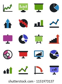 Color and black flat icon set - growth statistic vector, presentation board, crisis graph, monitor, circle chart, statistics, bar, pie, point, arrow up
