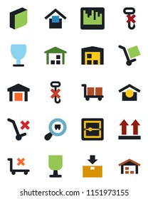 Color and black flat icon set - fragile vector, cargo, warehouse storage, up side sign, no trolley, hook, package, search, scanner, blank box