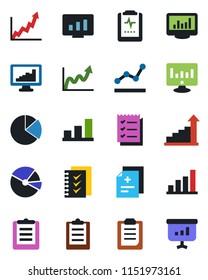 Color and black flat icon set - growth statistic vector, monitor, diagnosis, pulse clipboard, statistics, bar graph, pie, checklist, point, presentation