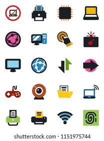 Color and black flat icon set - no laptop vector, bomb in case, wireless notebook, right arrow, printer, gamepad, network, touch screen, monitor, data exchange, document folder, pc, chip, web camera