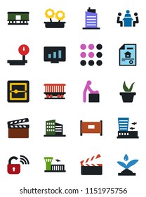 Color and black flat icon set - fence vector, baby room, airport building, statistic monitor, seedling, railroad, heavy scales, clapboard, menu, scanner, meeting, estate document, office, city house