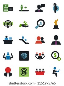 Color and black flat icon set - escalator vector, pedestal, hospital, pregnancy, speaker, group, fingerprint id, company, manager desk, meeting, client search, estate agent, palm sproute, money