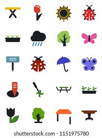 Color and black flat icon set - umbrella vector, sun, tree, butterfly, lady bug, seedling, rain, plant label, picnic table, ripper, tulip