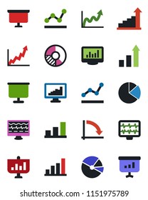 Color and black flat icon set - growth statistic vector, presentation board, crisis graph, circle chart, monitor pulse, statistics, bar, pie, point