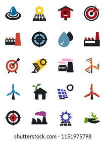 Color and black flat icon set - factory vector, bird house, target, sun panel, windmill, eco, water, palm sprout