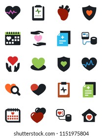 Color and black flat icon set - heart vector, pulse, diagnosis, blood pressure, diagnostic, shield, hand, real, medical calendar, clipboard, sweet home
