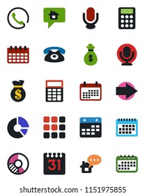 Color and black flat icon set - right arrow vector, calendar, circle chart, microphone, menu, calculator, phone, home message, money bag