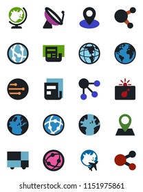 Color and black flat icon set - satellite antenna vector, bomb in case, globe, plane, earth, pin, consolidated cargo, network, share, news, social media