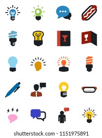Color and black flat icon set - speaking man vector, pen, brainstorm, bulb, dialog, wine card, hot dog, energy saving, shining head, idea