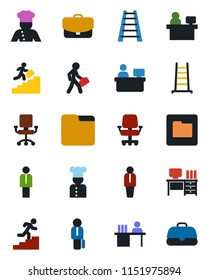 Color and black flat icon set - manager vector, desk, place, ladder, folder, career, cook, office chair, case