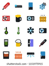 Color and black flat icon set - thermometer vector, heater, air conditioner, fridge, drink, beer, snowflake