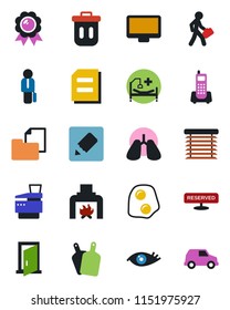 Color and black flat icon set - medal vector, document, hospital bed, lungs, eye, office phone, folder, monitor, notes, copier, manager, fireplace, reserved, cutting board, omelette, jalousie, door