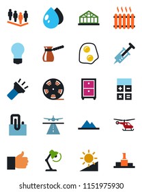 Color and black flat icon set - runway vector, helicopter, calculator, team, bulb, water drop, greenhouse, syringe, reel, finger up, torch, brightness, paper clip, desk lamp, archive box, mountains