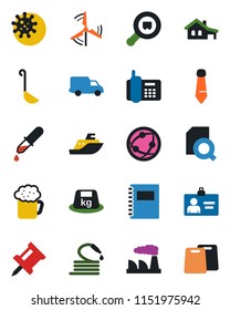Color and black flat icon set - identity card vector, tie, factory, hose, dropper, virus, office phone, sea shipping, car delivery, heavy, search cargo, network, copybook, drawing pin, document