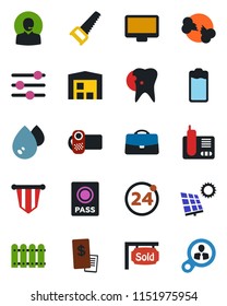 Color and black flat icon set - 24 around vector, passport, pennant, saw, caries, broken bone, video camera, monitor, radio phone, battery, tuning, case, support, sun panel, warehouse, fence, water