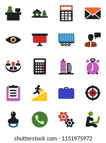 Color and black flat icon set - alarm clock vector, phone, speaking man, mail, case, presentation board, manager place, eye, truck trailer, clipboard, company, calculator, target, stamp, gear