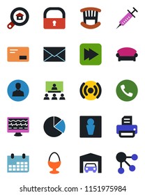 Color and black flat icon set - phone vector, male, waiting area, mail, calendar, printer, monitor pulse, syringe, fast forward, user, lock, pie graph, hierarchy, garage, estate search, egg stand