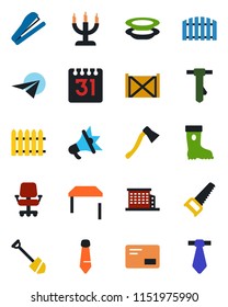 Color and black flat icon set - tie vector, job, fence, boot, saw, axe, container, mail, calendar, stapler, office building, table, plates, candle, chair, paper plane, advertising