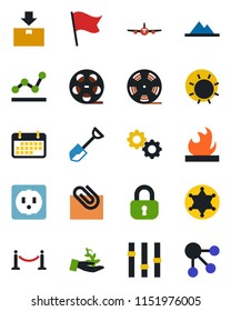 Color and black flat icon set - fence vector, plane, shovel, sun, term, package, flammable, reel, settings, paper clip, point graph, mountains, lock, socket, gear, police, palm sproute, flag