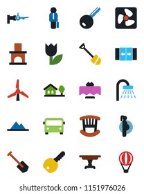 Color and black flat icon set - airport bus vector, automatic door, shower, boarding, job, fireplace, pregnancy, tulip, manager, house with tree, windmill, mountains, key, children room, table, fan