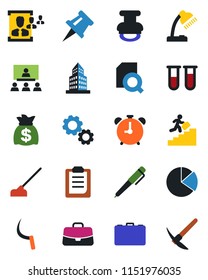 Color and black flat icon set - alarm clock vector, case, money bag, hoe, sickle, blood test vial, clipboard, drawing pin, office building, pie graph, document search, hr, desk lamp, hierarchy, pen