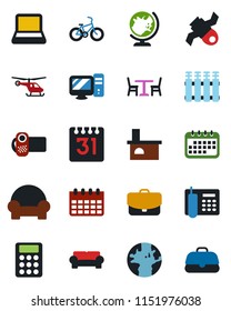 Color and black flat icon set - cafe vector, globe, helicopter, calendar, fireplace, bike, earth, satellite, video camera, calculator, office phone, notebook pc, cushioned furniture, radiator, case