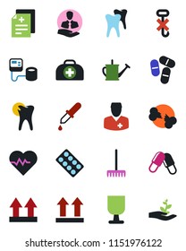 Color and black flat icon set - rake vector, watering can, heart pulse, doctor case, diagnosis, blood pressure, dropper, pills, blister, tooth, caries, broken bone, client, fragile, up side sign